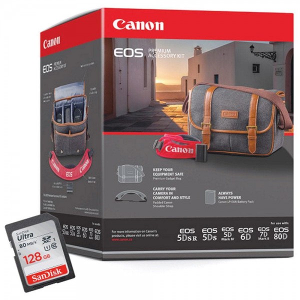 Kit di accessori Canon EOS Premium - Include borsa, LP-E6N, tracolla per reflex, scheda da 128 GB